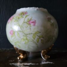 Vintage Porcelain Footed Rose Bowl with Hand-Painted Roses, Round Vase
