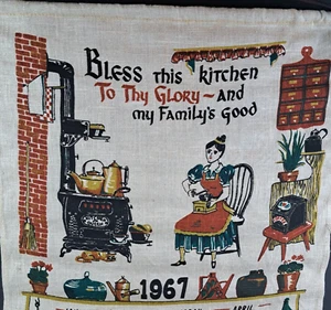 1967 Calendar Towel BLESS THIS KITCHEN Tan Linen by Robert Darr Wert 30" x 16.5" - Picture 1 of 7