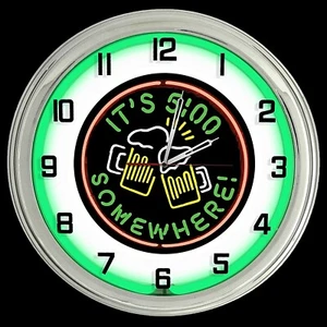 It's 5 O' Clock Somewhere Beer Sign Green Neon Clock 16" - Picture 1 of 2