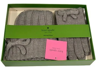 KATE SPADE NEW YORK 2-Piece Bow Gloves+Beanie Gift Set Heather Grey One Size~NWT - Image 1 of 4