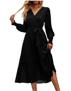 NEW- PRETTYGARDEN Long Sleeve V Neck Ruffle A-Line Maxi Dresses- Women's L - Picture 1 of 6