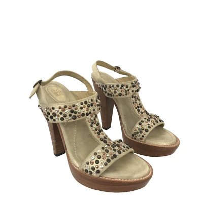 Frye Womens Size 7.5 Joy Studded Bone Leather Open Toe T-Strap Platform Sandals - Image 1 of 4