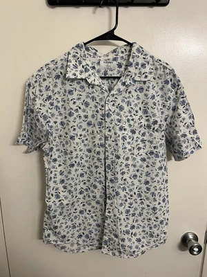 Estampado floral blanco abotonado manga corta L azul marino antiguo para hombre Foto 1 de 3