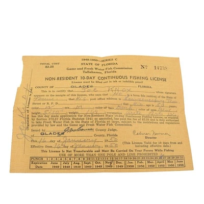 1950 Estado de Florida no residente 10 días licencia de pesca continua glades Foto 1 de 4