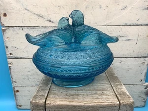 Vingage VIKING Handmade Blue Glass Love Bird Lidded Trinket/Candy Dish, 6" - Picture 1 of 9