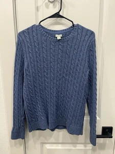 LL Bean Sweater Women Medium Blue Pullover Preppy Cable Knit Crewneck Large Reg - Picture 1 of 14