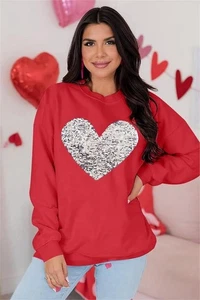 NEW Sequin Flip Red Heart Sweatshirt Valentines Day Love Oversized Sz S - Picture 1 of 7