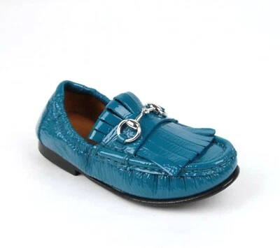 古驰儿童蓝绿色漆皮马位条纹乐福鞋 25 / 美国 9 355997 4618 — 第 1/4 张图片