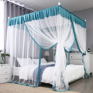 Elegant Bed Canopy Curtains, Color Stitching Ruffle Princess 4 Corner Post Canop - Picture 1 of 12