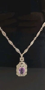 Amethyst & Marcasite Pendant Sterling Silver Necklace Vintage - Picture 1 of 12
