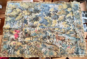 TAPIZ DE ALGODÓN VINTAGE CAZA DE CIERVOS 59"X41" HECHO EN BELGIA COLGANTE DE PARED ¡EXCELENTE! - Imagen 1 de 6