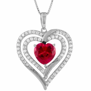 Heart Shape Ruby & Diamond Sterling Silver Double Heart Pendant Chain - Picture 1 of 1