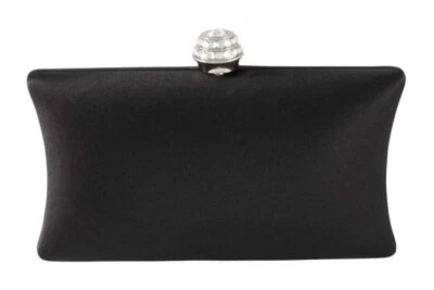 Cartera sin asas clásica con cierre de diamantes de imitación negra satinada dorada X correa de cadena corporal Foto 1 de 4