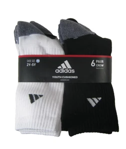 Adidas 6 Pair Youth Crew Socks Size Medium For Shoe Size 2Y-5Y White Black Onix - Picture 1 of 4