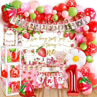 草莓1岁生日装饰女孩浆果第一个甜蜜派对背景 — 第 1/4 张图片