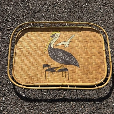 Bandeja para servir vintage MCM PELICAN bambú tejida ratán mimbre pintada a mano 19 x 13 Foto 1 de 4