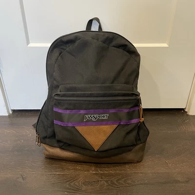 复古 90 年代 JanSport 黑色紫色几何背包皮革和麂皮绒底部 — 第 1/4 张图片