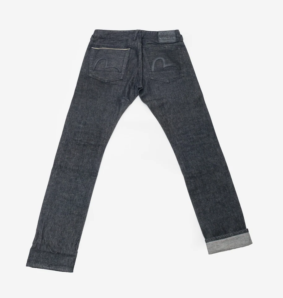 Jeans Evisu Main Line Black Soul gaivotas de couro preto raro cônico tamanho 32x30 - Imagem 1 de 4