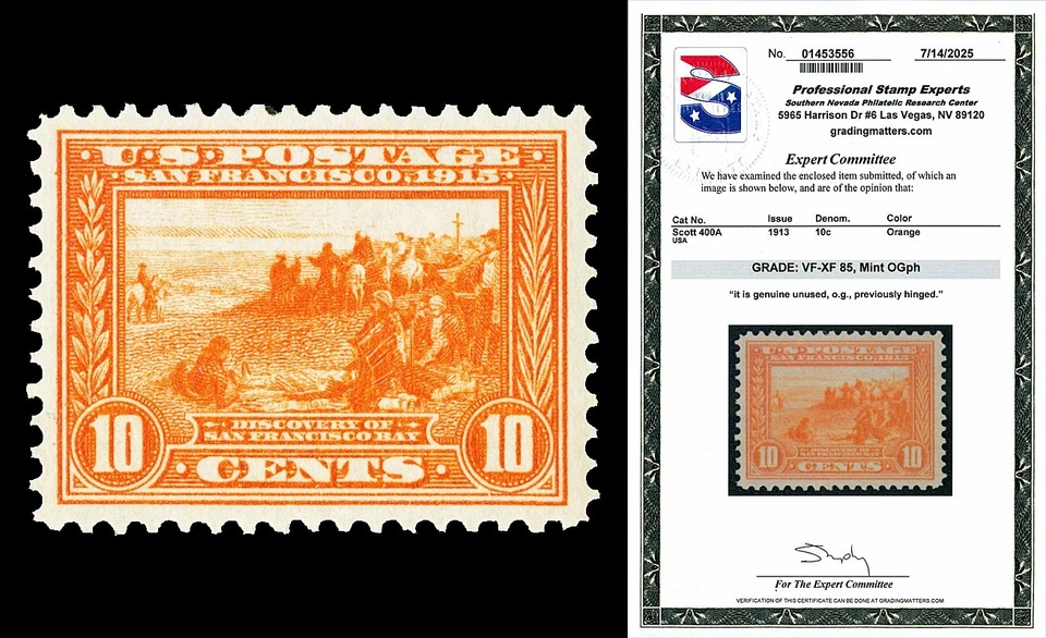 Scott 400A 1913 10c Panama-Pacific Perf 12 Mint Graded VF-XF 85 LH with PSE CERT - Image 1 of 1
