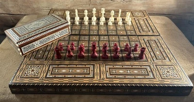 Handmade Solid Inlaid Folding Wood Game Board Chess Backgammon With Inlaid Box - Image 1 of 4