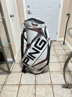 Ping White/Burgundy/Black Golf Tour Staff Bag w/2 rain covers, Excellent - Image 1 of 4