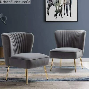 Set of 2 Classic Accent Side Chair with Gold Metal Legs Tufted Velvet Cushions - Picture 1 of 12