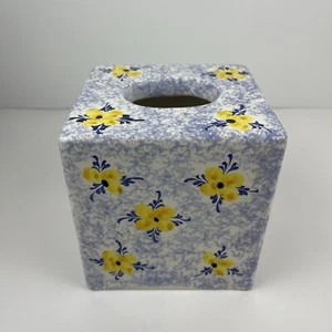 Vestal Alcobaca Portugal Pottery Blue Sponge ware Yellow FlowerTissue Box Cover - Bild 1 von 10