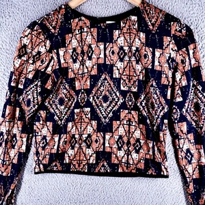 T BAGS L Los Angeles NAVAJO Ethnic BATIK Print Long Sleeve SPORTY CROPPED Top - Picture 1 of 21