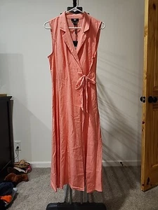 DKNY Womens 12 Coral Collared Sleeveless Maxi Wrap With Tie Dress - Picture 1 of 10