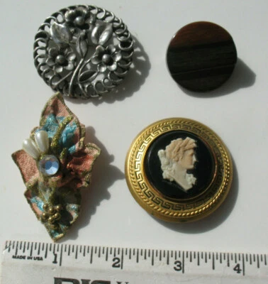 Lot of 4 VINTAGE Pins Silver one Round Metal Filigree Flower Cameo Wood Paper - Image 1 of 4