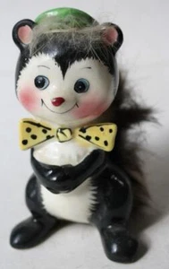 Skunk Figurine Yellow Bow Tie Green Hat Faux Fur Ceramic Hand Painted Japan -- - Picture 1 of 1