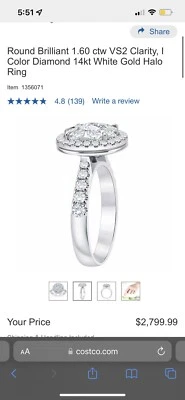 Круглый бриллиант 1,60 карата VS2 чистота, я цвет бриллиант 14k белое золото Halo кольцо - Изображение 1 из 4