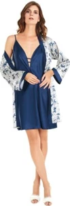 2-teiliges Damen Satin Nachthemd Set mit Kimono, Dunkelblau, Elegant - Bild 1 von 4