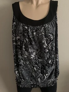*CATO BLACK & WHITE LACE PRINT ELASTIC TRIM SLEEVELESS BLOUSE! SZ L #123 - Picture 1 of 5