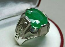 4 Ct Oval Cut Natural Green Emerald Men's Engagement Ring 14K White Gold Plated