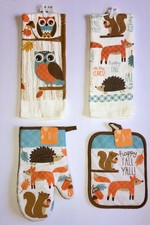 Woodland Owl Kitchen Set with Animal Friends Fox, Squirrel & Hedgehog ~ Towels