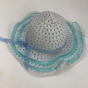 White Blue Girls Bonnet Cap Hat Fitted One Size - Picture 1 of 4