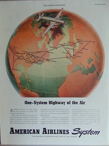 1945 AMERICAN AIRLINES SYSTEM Highway of the Air Plane Flies Globe art print ad - Picture 1 of 1