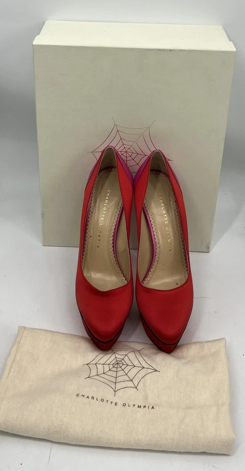 Zapatos de salón Charlotte Olympia Masako rojo/rosa satinado plataforma punta cerrada talla 38,5 Foto 1 de 4