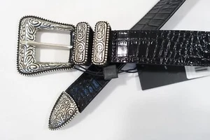 CINTURÓN WESTERN MUJER THE KOOPLES ITALY NEGRO 2 CUERO VACA ESTAMPADO COCODRILO NUEVO  - Imagen 1 de 9