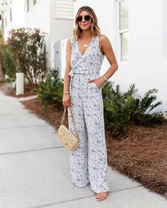 Splendid X Cella Jane Blog Jumpsuit Size SMALL Wrap Tie V-Neck Wide Leg Blue NEW - Picture 1 of 22