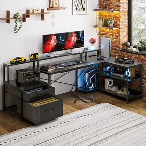 Reversable 66" L-Shaped Desk with LED Lights Storage Monitor Shelf Power Outlets - Picture 1 of 14