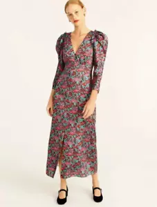NEU J. Crew Collection drapisches Puffärmelkleid Größe 24 Maxi Satin Ratten Blumenmuster - Bild 1 von 12