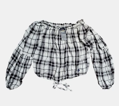 Hollister Fuera del Hombro Top Cuadros Corbata Cintura Viscosa S Cottagecore Boho Nuevo con Etiquetas Foto 1 de 4