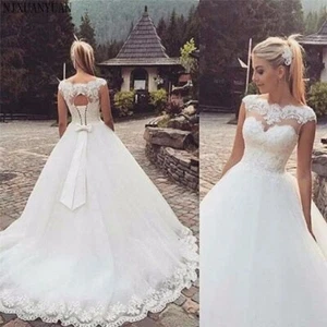 Plus Size Wedding Dresses Cap Sleeve Open Back Lace Applique A-Line Bridal Gowns - Picture 1 of 6