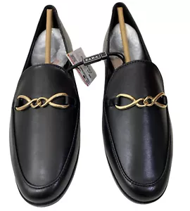 Zara Gold Chain Loafers Black Leather Flat Buckle Slip On Womens 6 Shoes - Picture 1 of 12