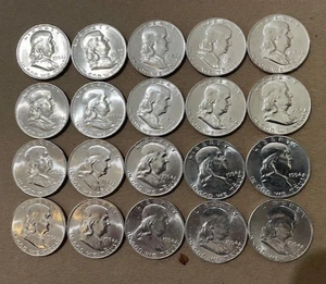 Rolle mit 20 Stempelglanz 1954-D Franklin Half Dollars keine Reserve Auktion - Bild 1 von 2