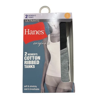 Hanes Women's Cotton Ribbed Tanks Black & Grey 2 Pack Size Large L New Foto 1 de 4