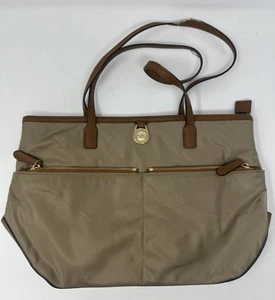 Michael Kors Medium Kempton Nylon Tote Bag Lime Green Interior Dusk Brown Purse - Picture 1 of 6