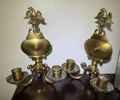 2 Antique Vintage Brass American Eagle Wall Sconce Double Candle Holder Pair - Image 1 of 4
